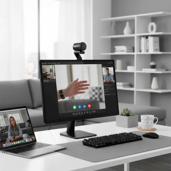 Webcam 4K Autofocus EMEET S600 montée sur écran pour visioconférence