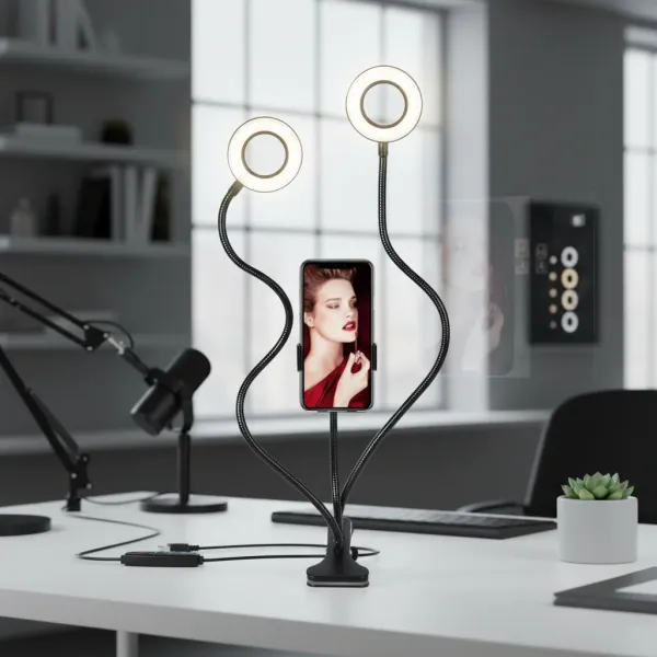 Anneau lumineux LED double KUALOOL avec support téléphone, flexible et USB, posé sur un bureau moderne