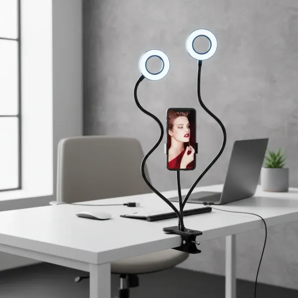 Anneau lumineux LED double KUALOOL avec support téléphone fixé sur bureau, éclairage dimmable et flexible USB