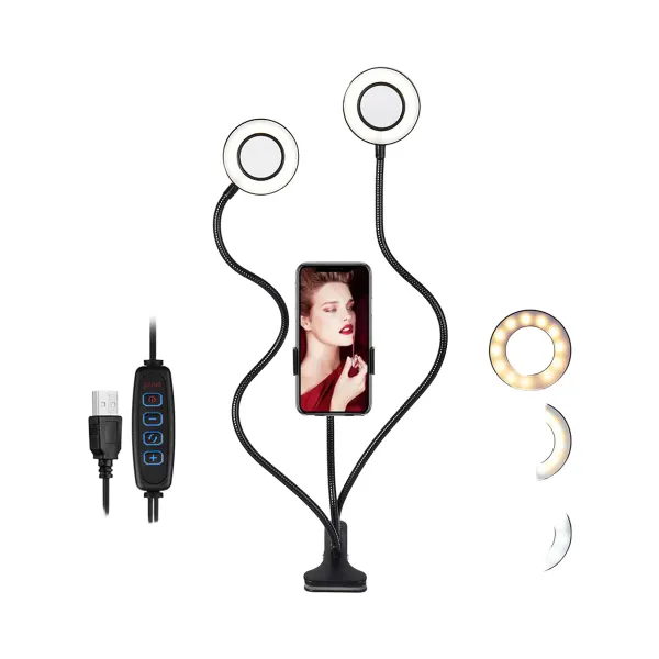 Anneau lumineux LED double KUALOOL flexible USB dimmable avec support téléphone et télécommande