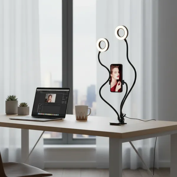 Anneau lumineux LED double KUALOOL avec support téléphone et flexible USB posé sur bureau moderne avec ordinateur portable et tasse