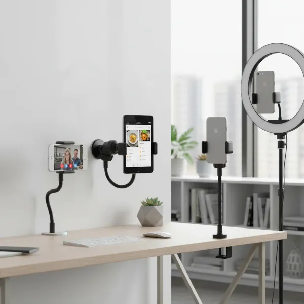 Support téléphone flexible avec anneau lumineux SZKOSTON installé sur un bureau avec plusieurs téléphones maintenus