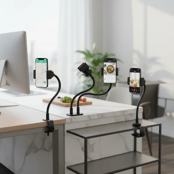 Support téléphone flexible SZKOSTON avec anneau lumineux tenant plusieurs smartphones fixés à un bureau moderne