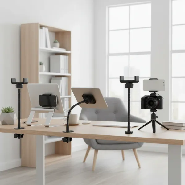 Support téléphone flexible avec anneau lumineux SZKOSTON fixé sur un bureau moderne