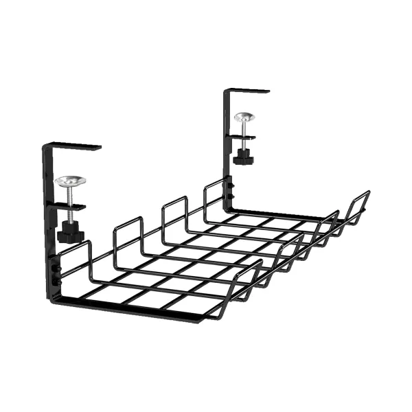 Organisateur de câbles métallique sous bureau avec étagère et système de fixation sans perçage