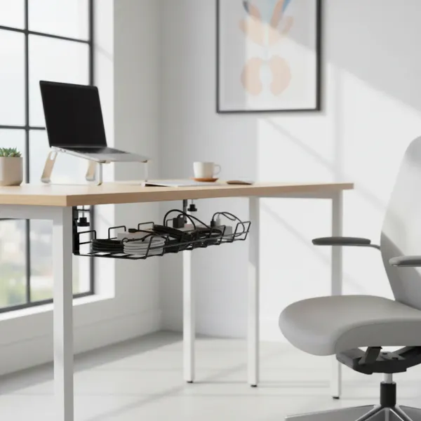 Cable management box under desk with organized cables stored in metal rack