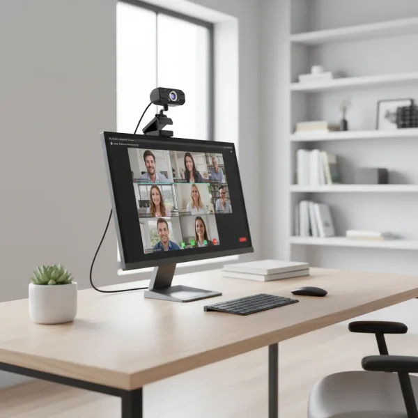 Webcam Full HD 1080p 60fps DIWROLY avec micro intégré et trépied installée sur un écran d'ordinateur en visioconférence