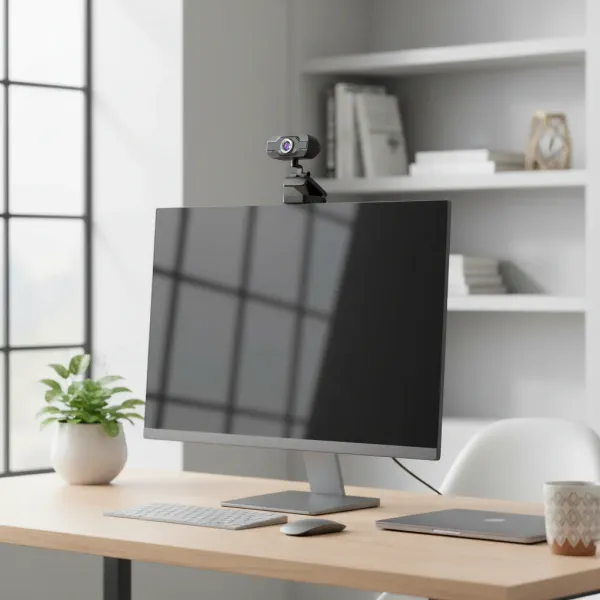 Webcam Full HD 1080p 60fps DIWROLY avec micro intégré fixée sur un écran d'ordinateur