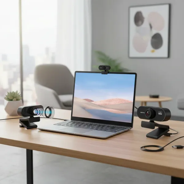 Webcam USB HD 1080P COOLMOON avec micro et autofocus posée sur un ordinateur portable dans un bureau moderne