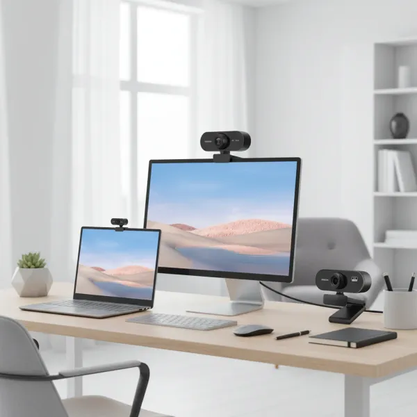 Webcam USB HD 1080P COOLMOON avec micro et autofocus installée sur ordinateur et portable