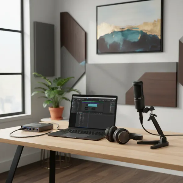 Microphone condensateur cardioïde AT2020 filaire sur bureau avec ordinateur portable et casque audio