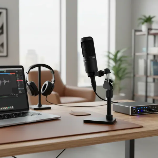 AT2020 microphone condensateur cardioïde filaire installé sur bureau avec ordinateur portable et casque audio