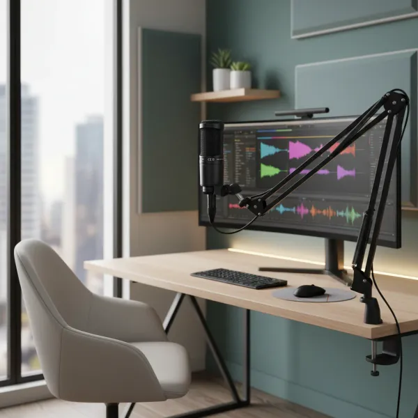 Microphone condensateur cardioïde filaire AT2020 monté sur bras articulé devant un écran d'ordinateur avec logiciel audio