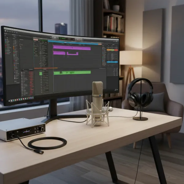 LEUS U87 AI Microphone Condensateur Cardioïde XLR pour Studio Microphone condensateur cardioïde LEUS U87 AI avec interface audio et casque sur bureau de studio