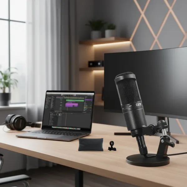 Microphone à condensateur AT2020 Wired XLR posé sur un bureau avec ordinateur portable et casque audio