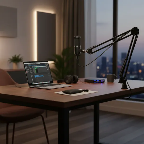 Microphone à condensateur AT2020 Wired XLR monté sur bras articulé dans un environnement de studio moderne avec ordinateur portable et casque