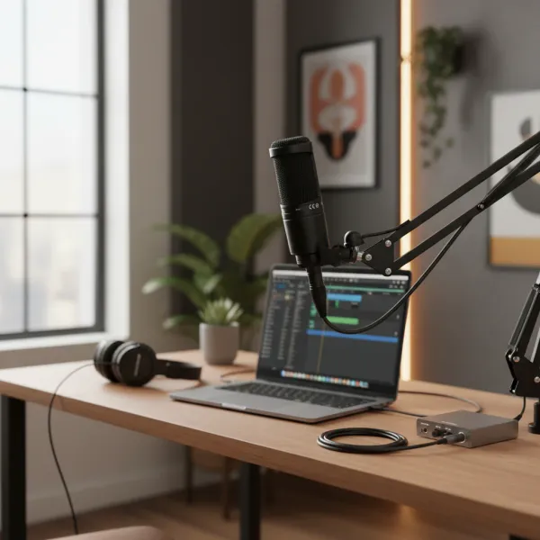 AT2020 Wired XLR Condenser Microphone on adjustable arm in home studio setup with laptop and headphones