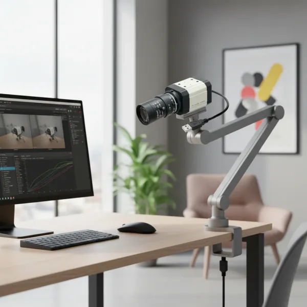 Webcam 2K Full HD SU100-MB montée sur bras articulé avec connexion USB sur bureau moderne