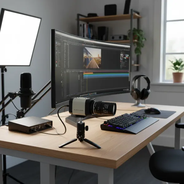 Webcam 2K Full HD SU100-MB installée sur bureau avec micro, clavier et moniteur incurvé