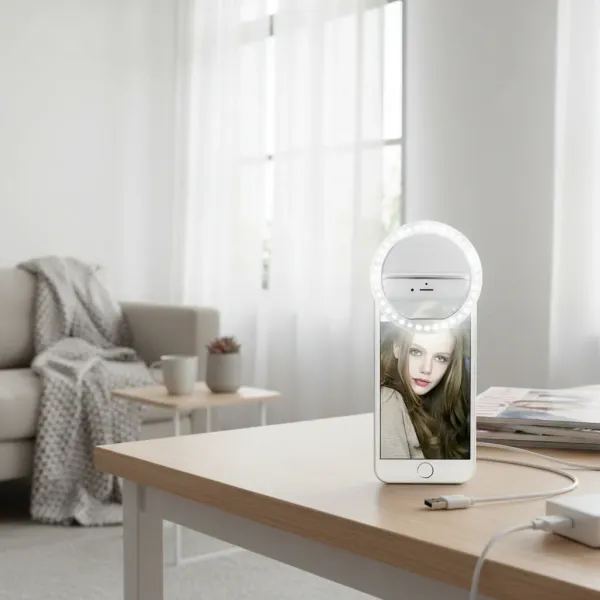 LED Selfie Ring Light pour smartphone éclairant un visage féminin