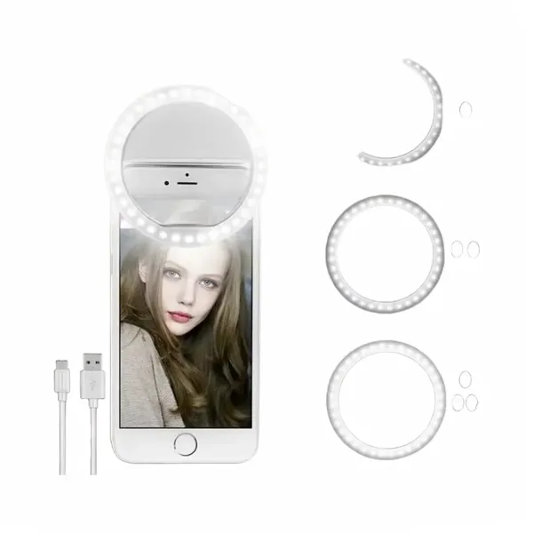 LED Selfie Ring Light blanc clipsable sur smartphone avec câble USB