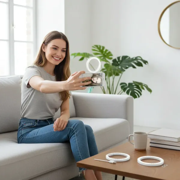 Femme utilisant une LED selfie ring light pour smartphone pour prendre une photo éclairée