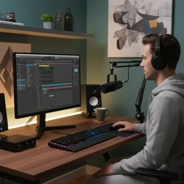 Homme utilisant le kit micro dynamique XLR FDUCE SL40X+ avec bras et sortie casque pour enregistrement audio à domicile