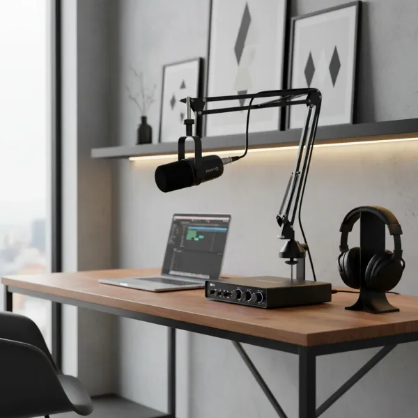 Kit micro dynamique XLR FDUCE SL40X+ avec bras et sortie casque sur un bureau moderne avec ordinateur portable et casque audio