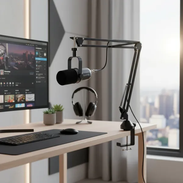 Kit microphone dynamique FDUCE SL40X+ avec bras articulé et sortie casque installé sur un bureau moderne