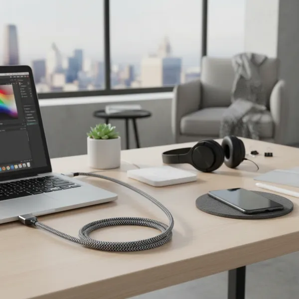 Câble rallonge USB 3.0 haute vitesse 5Gbps connecté à un ordinateur portable sur un bureau moderne