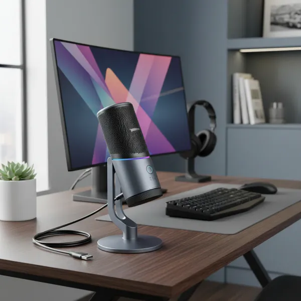 Micro USB condensateur RGB UGREEN CM769 sur bureau moderne avec ordinateur et casque