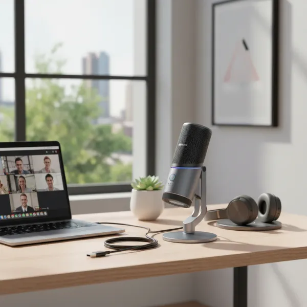 Micro USB condensateur RGB UGREEN CM769 sur bureau avec ordinateur portable en visioconférence