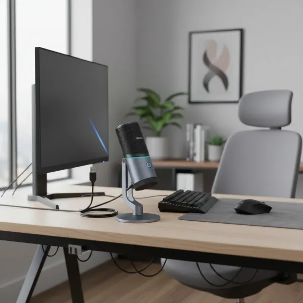 Micro USB Condensateur RGB UGREEN CM769 sur un bureau moderne avec micro et écran