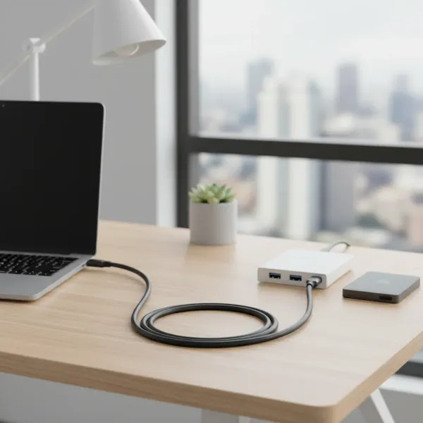 Câble USB3.2 10Gbps Type A vers USB-C connecté à un ordinateur portable sur un bureau moderne