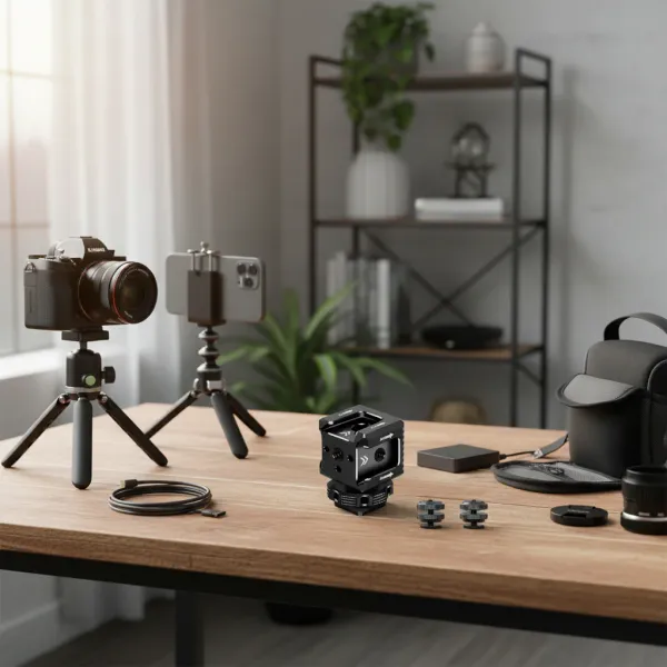 BGNing Support 3 Cold Shoe bras magique adaptateur vlog sur une table en bois avec caméra, smartphone et accessoires de prise de vue