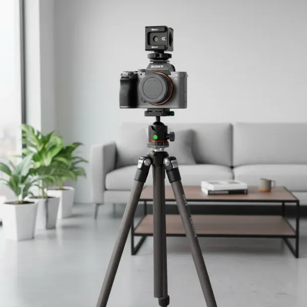 BGNing Support 3 Cold Shoe avec bras magique adaptateur pour vlog monté sur trépied avec caméra Sony dans un salon moderne