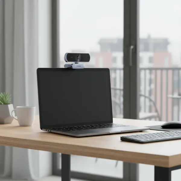 UGREEN 2K webcam with microphone mounted on laptop displaying full HD video for streaming