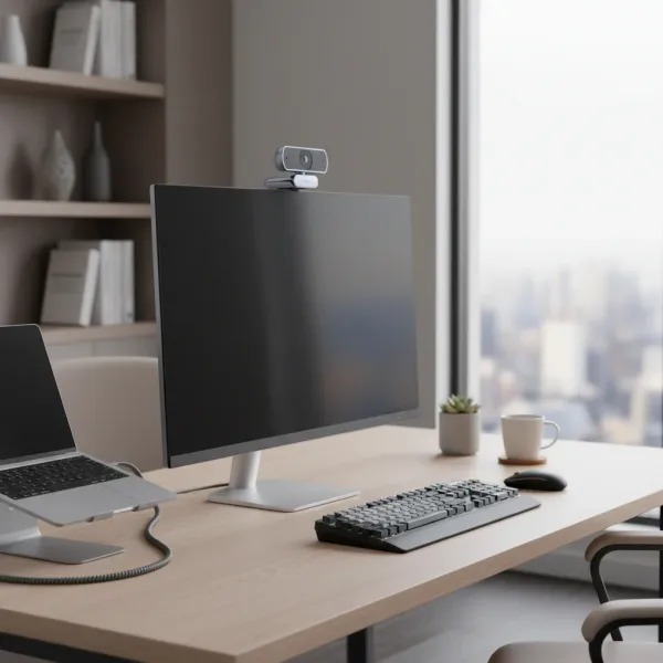 UGREEN 2K Webcam with Microphone mounted on computer monitor in modern office setup