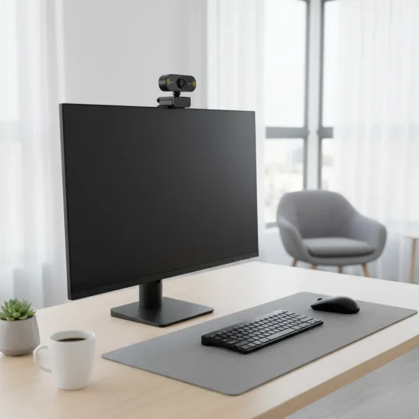 Caméra USB 1080P HD avec microphone intégré posée sur un moniteur d'ordinateur dans un bureau moderne