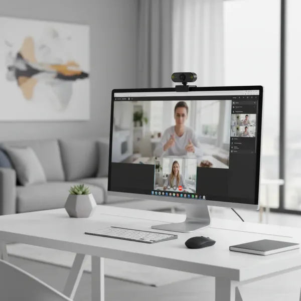 Caméra USB 1080P HD avec microphone intégré montée sur un ordinateur pour visioconférence