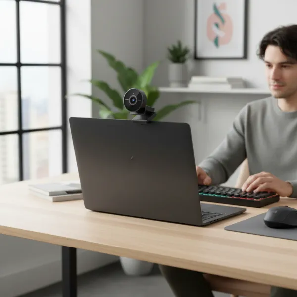 Webcam 4K EMEET avec microphone USB fixée sur un ordinateur portable