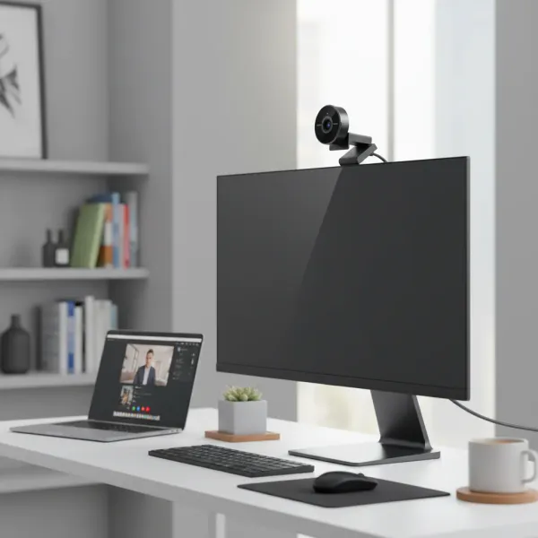 Webcam 4K EMEET avec microphone USB fixée sur un écran d'ordinateur moderne dans un bureau