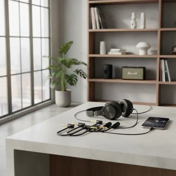 Câble audio 3,5 mm angle droit TRS/TRRS avec connexions mâle/mâle connecté à un casque et un smartphone