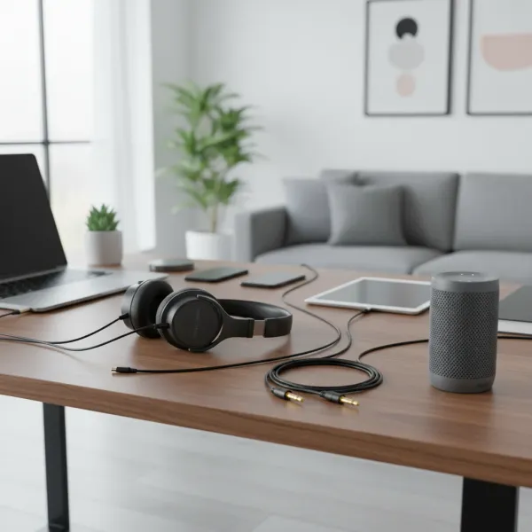 Câble audio 3,5 mm avec angle droit TRS/TRRS noir connecté à casque et enceinte