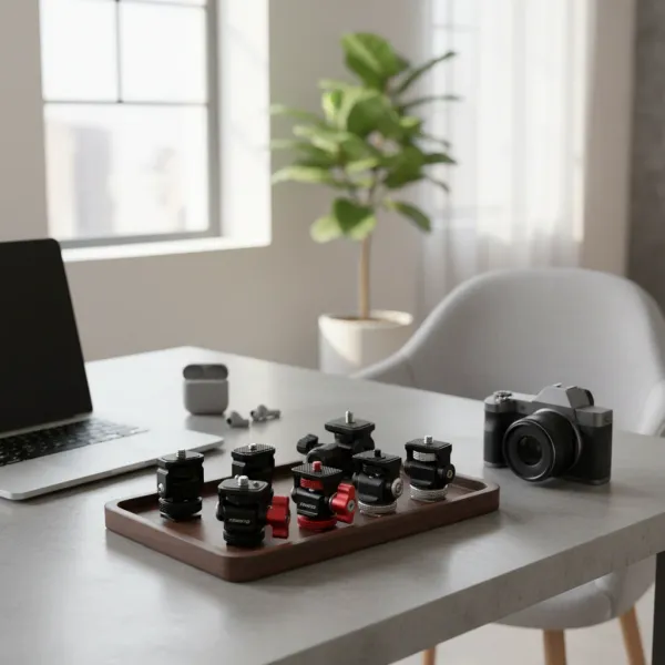 Cold Shoe Monitor Mount Bracket QR Plate Universal sur plateau en bois avec appareil photo et ordinateur portable