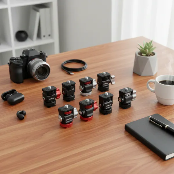 Cold Shoe Monitor Mount Bracket QR Plate Universal displayed on wooden desk with camera and accessories