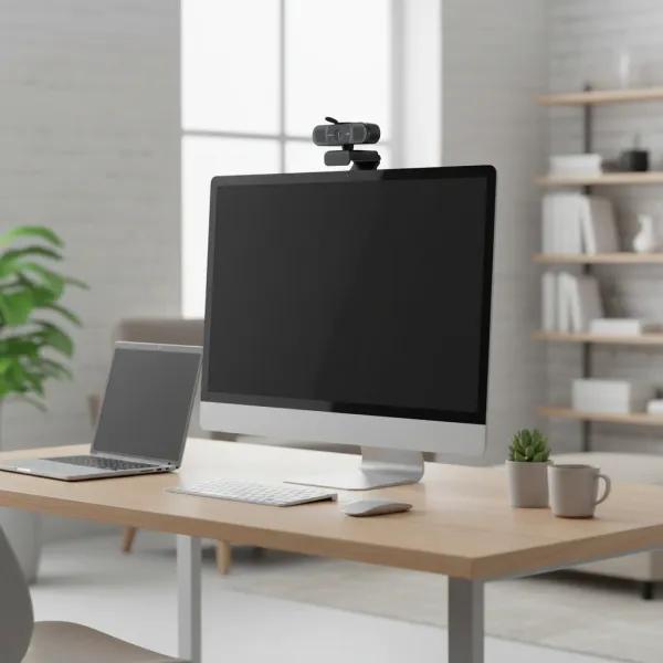 Webcam EMEET C960 2K fixée sur écran d'ordinateur de bureau dans un bureau moderne