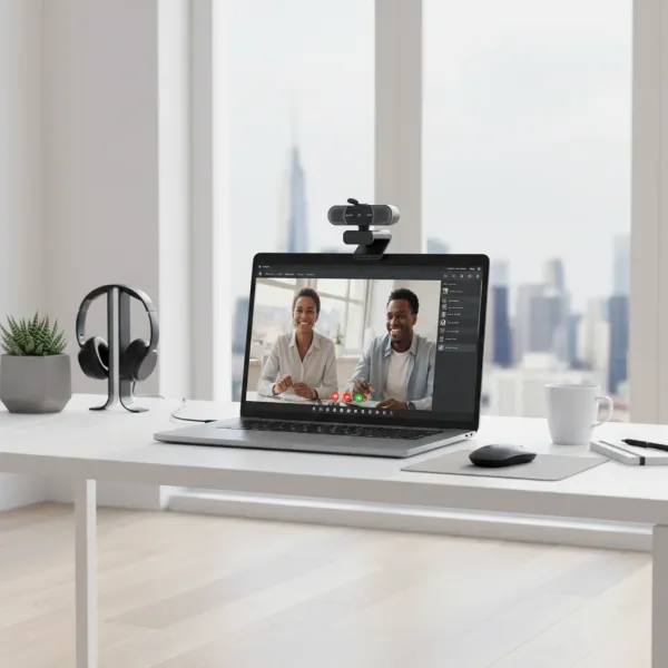 Webcam EMEET C960 2K en action sur un ordinateur portable avec visioconférence