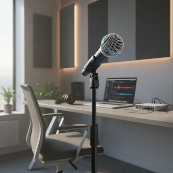 Microphone dynamique G-MARK BETA58A avec support - Qualité studio parfaite Microphone dynamique G-MARK BETA58A sur pied devant un bureau avec ordinateur portable en arrière-plan