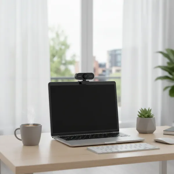 Webcam USB HD 1080P 2K avec micro et autofocus fixée sur un ordinateur portable